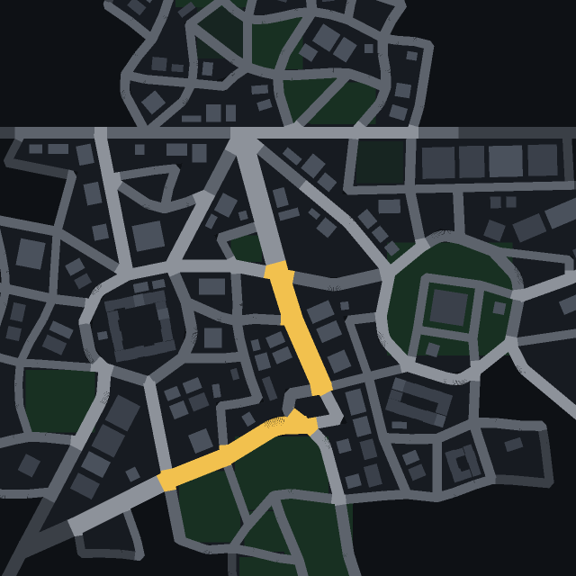 Top-down map of Benives, a metropolis generated from seed 10