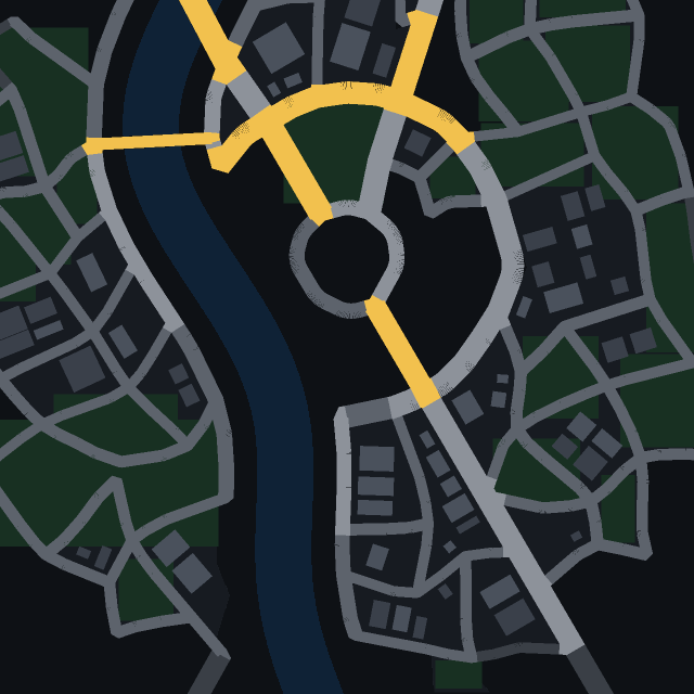 Top-down map of Velnihrad, a classic town on a river generated from seed 123456789
