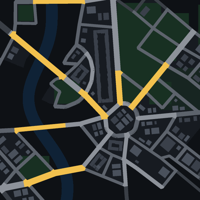Top-down map of Dorabor, a classic town on a river generated from seed 31337