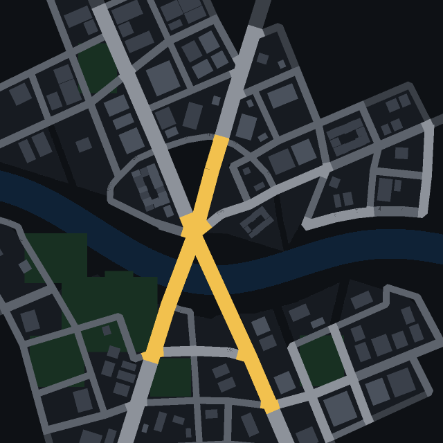 Top-down map of Slaralín, a classic town on a river generated from seed 314