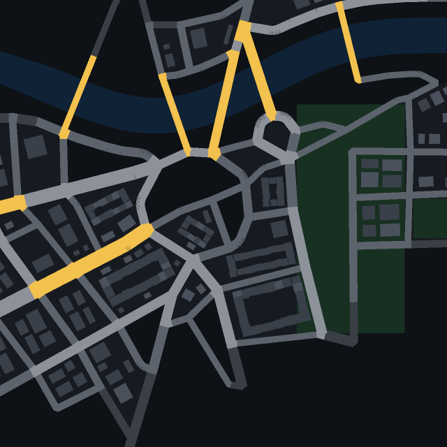 Top-down map of Strabor, a metropolis on a river generated from seed 7